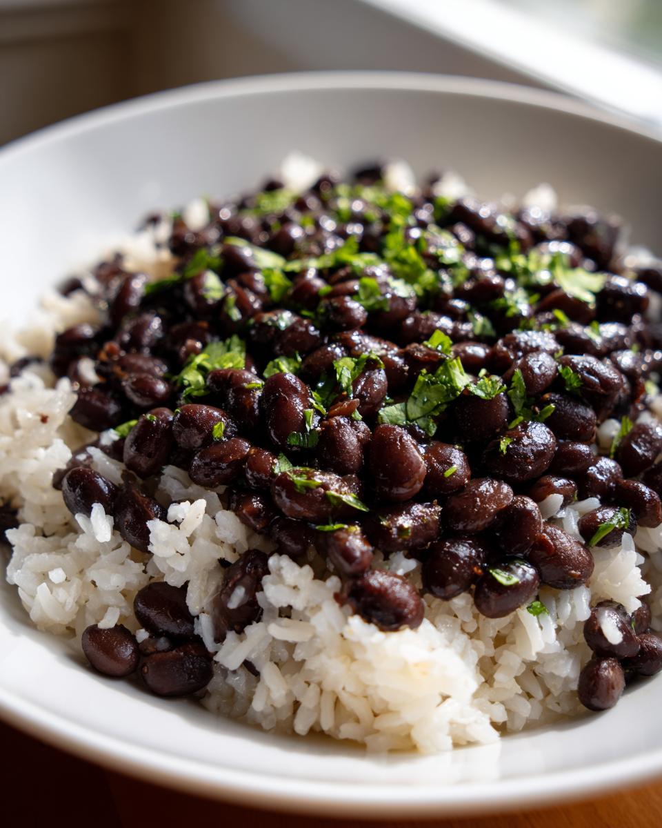 A close-up shot of a white bowl filled with fluffy white rice topped generously with savory black beans and fresh cilantro garnish, showcasing the beans and rice dish.