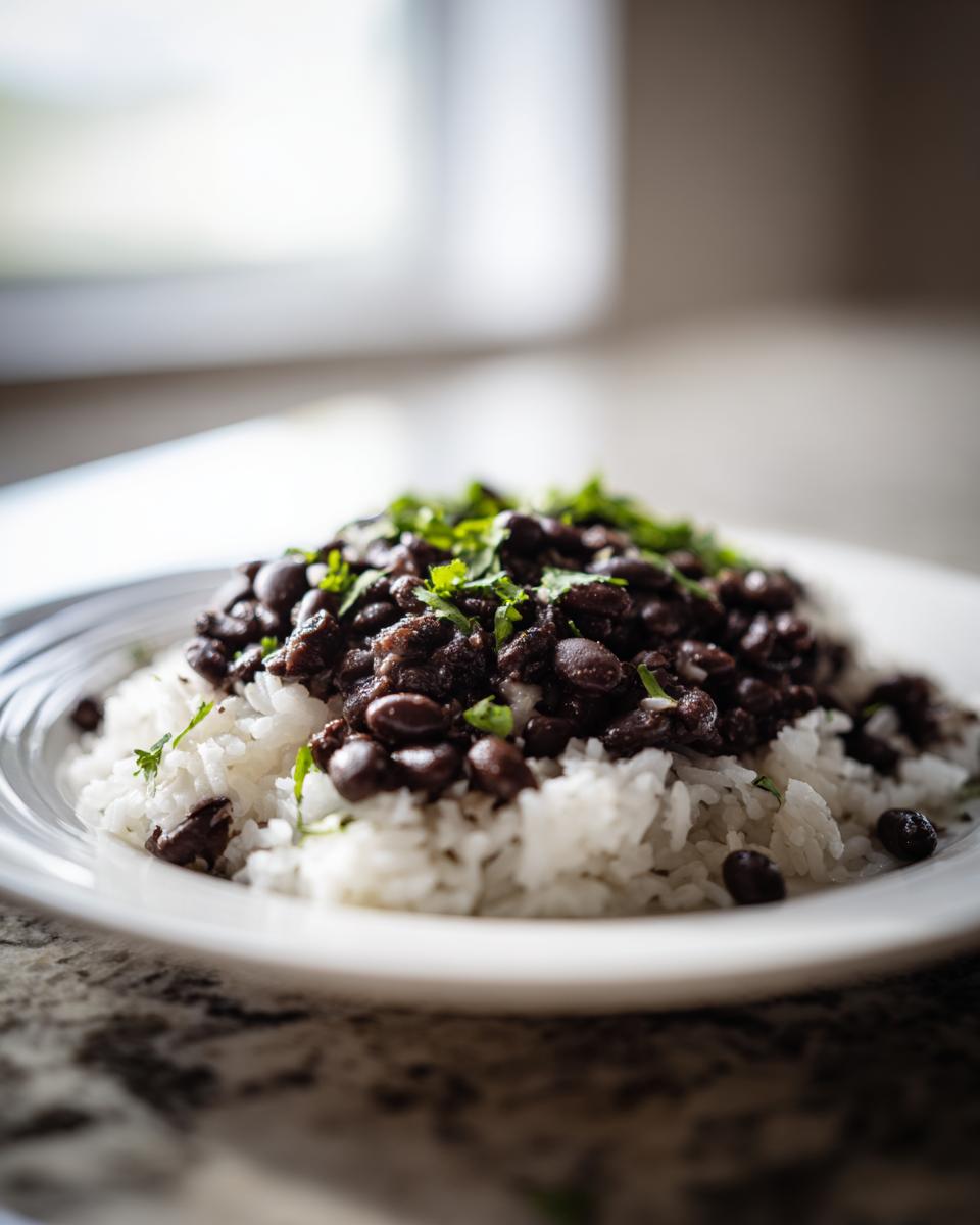 A close-up of white rice topped generously with seasoned black beans and fresh cilantro, representing delicious beans and rice.