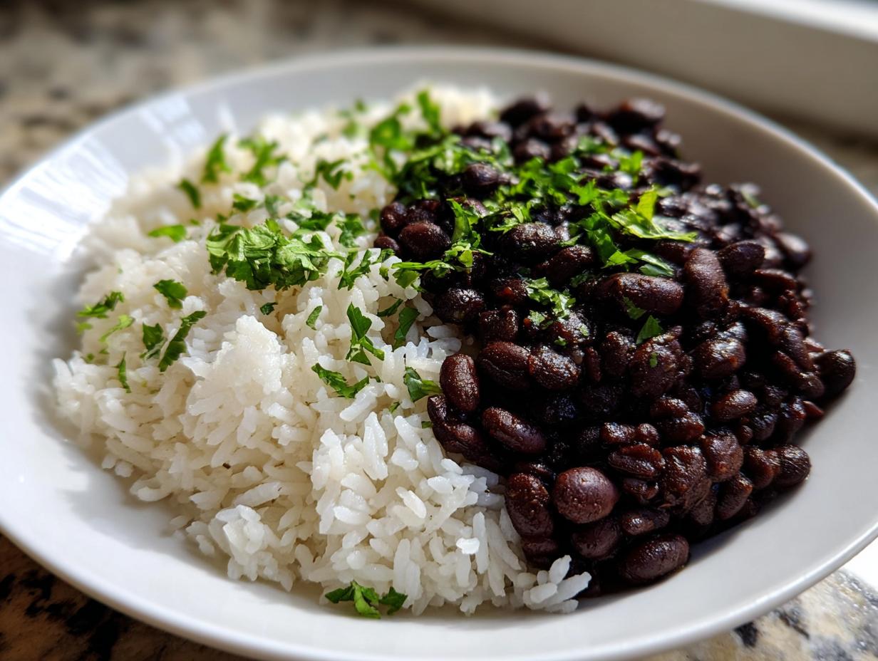 Close-up of a white bowl filled with white rice and seasoned black beans, garnished with fresh parsley, showcasing the beans and rice dish.