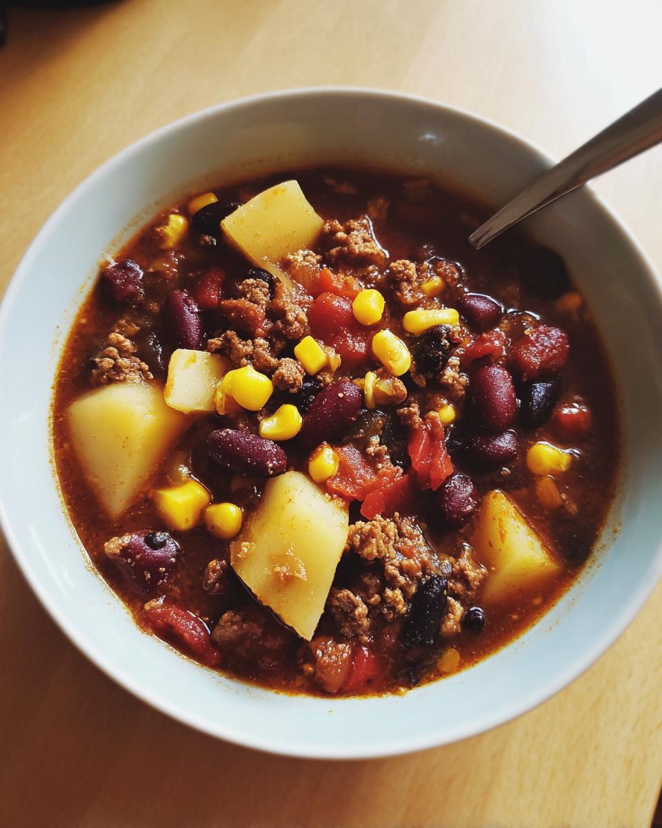 Close-up of a steaming bowl of rich cowboy soup filled with ground beef, kidney beans, corn, and chunks of potato.