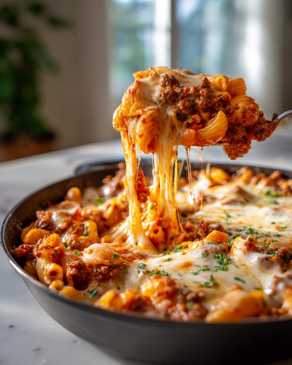 A spoonful of cheesy, saucy enchilada pasta being lifted from a skillet, showing long cheese pulls.
