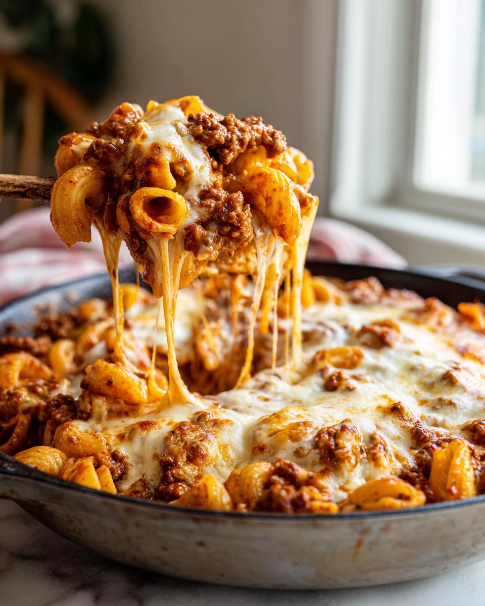 A wooden spoon lifts a cheesy portion of one-pot enchilada pasta, showing long, melted cheese strings.