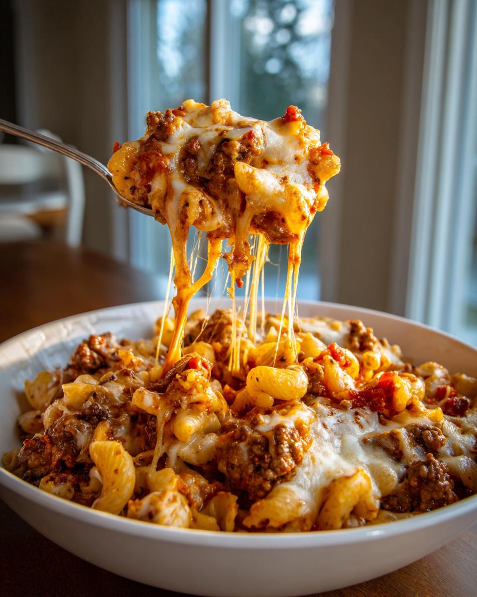 A spoonful of cheesy enchilada pasta is lifted from a bowl, showing dramatic cheese pulls.