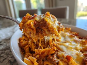 A fork lifting a cheesy, saucy bite of one-pot enchilada pasta from a white baking dish.