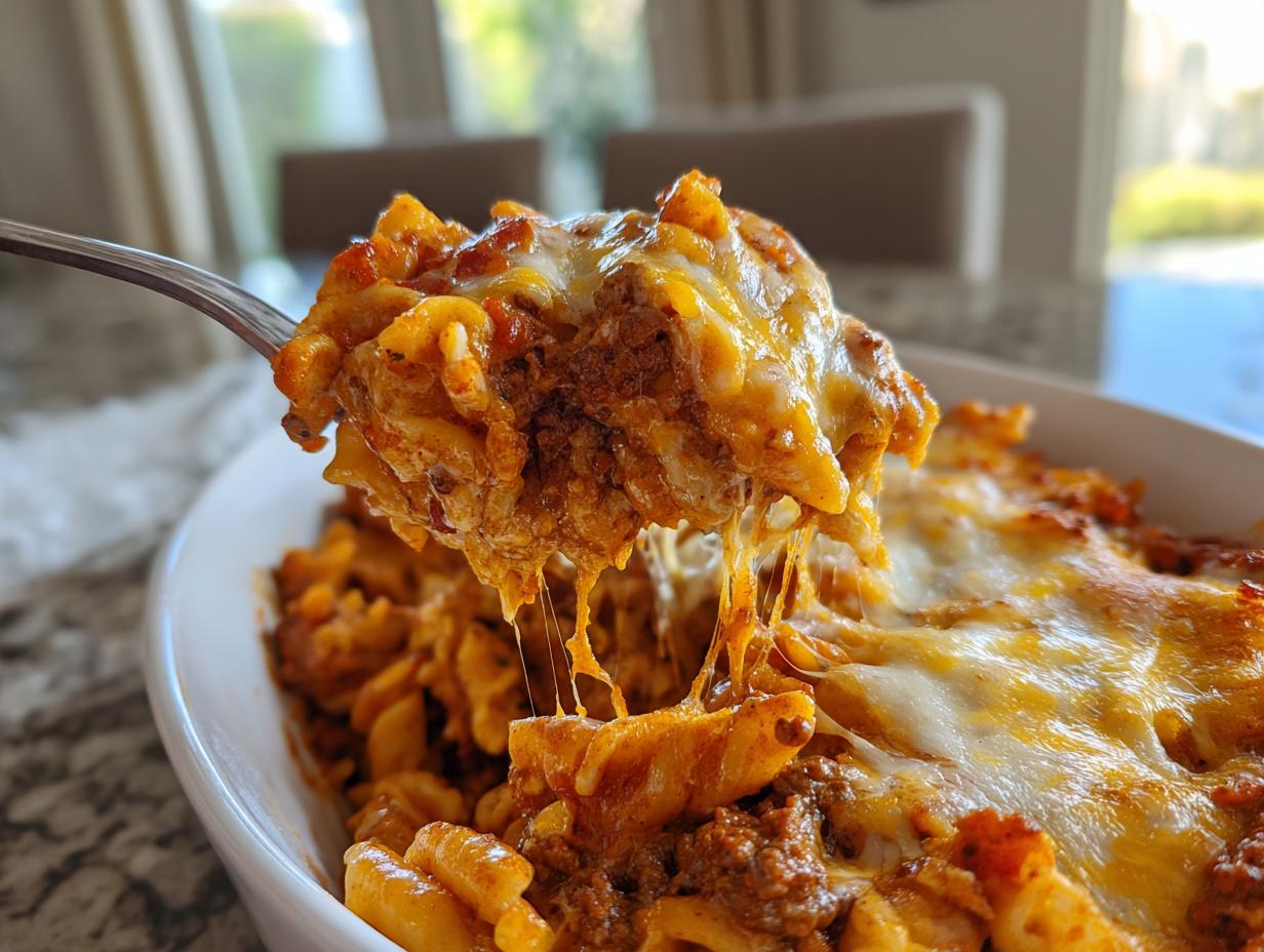 A fork lifting a cheesy, saucy bite of one-pot enchilada pasta from a white baking dish.