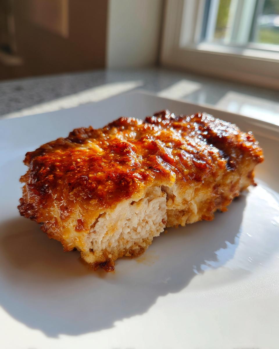 A close-up, cross-section view of a piece of parmesan crusted chicken showing the white interior and golden-brown, glazed topping.