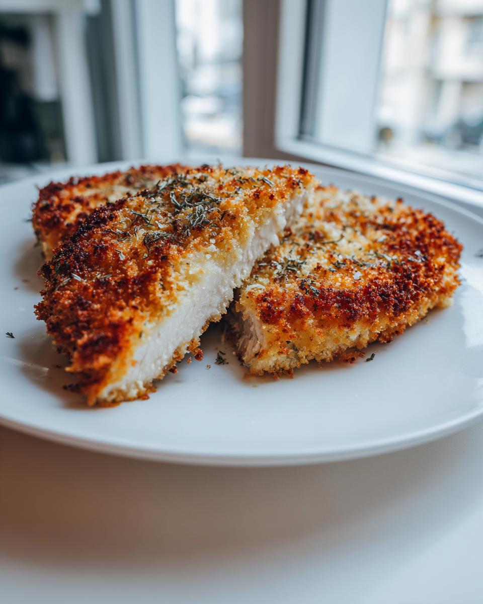 Two halves of golden brown parmesan crusted chicken showing the juicy interior, seasoned with herbs.