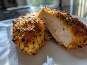 Close-up of a juicy parmesan crusted chicken breast cut in half, showing the white interior and golden, herbed crust.