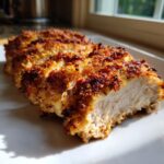 Close-up of juicy parmesan crusted chicken breast, sliced to show the white interior and crispy golden-brown topping.