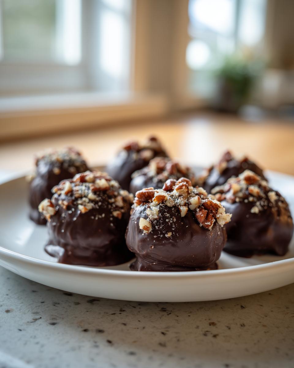 A plate of rich, chocolate-covered pecan pie balls generously topped with chopped pecans.