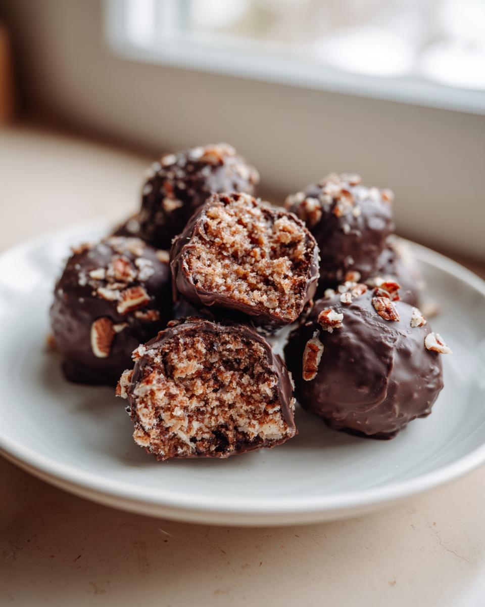 A pile of chocolate-dipped pecan pie balls on a white plate, one is broken open showing the textured filling.
