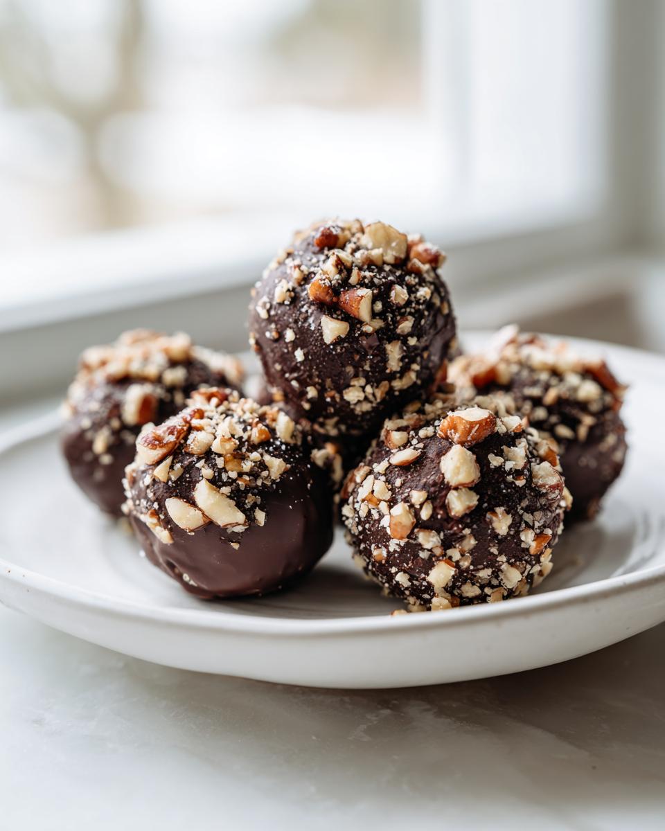 A small white plate holds five decadent chocolate pecan pie balls, generously coated in chopped nuts.