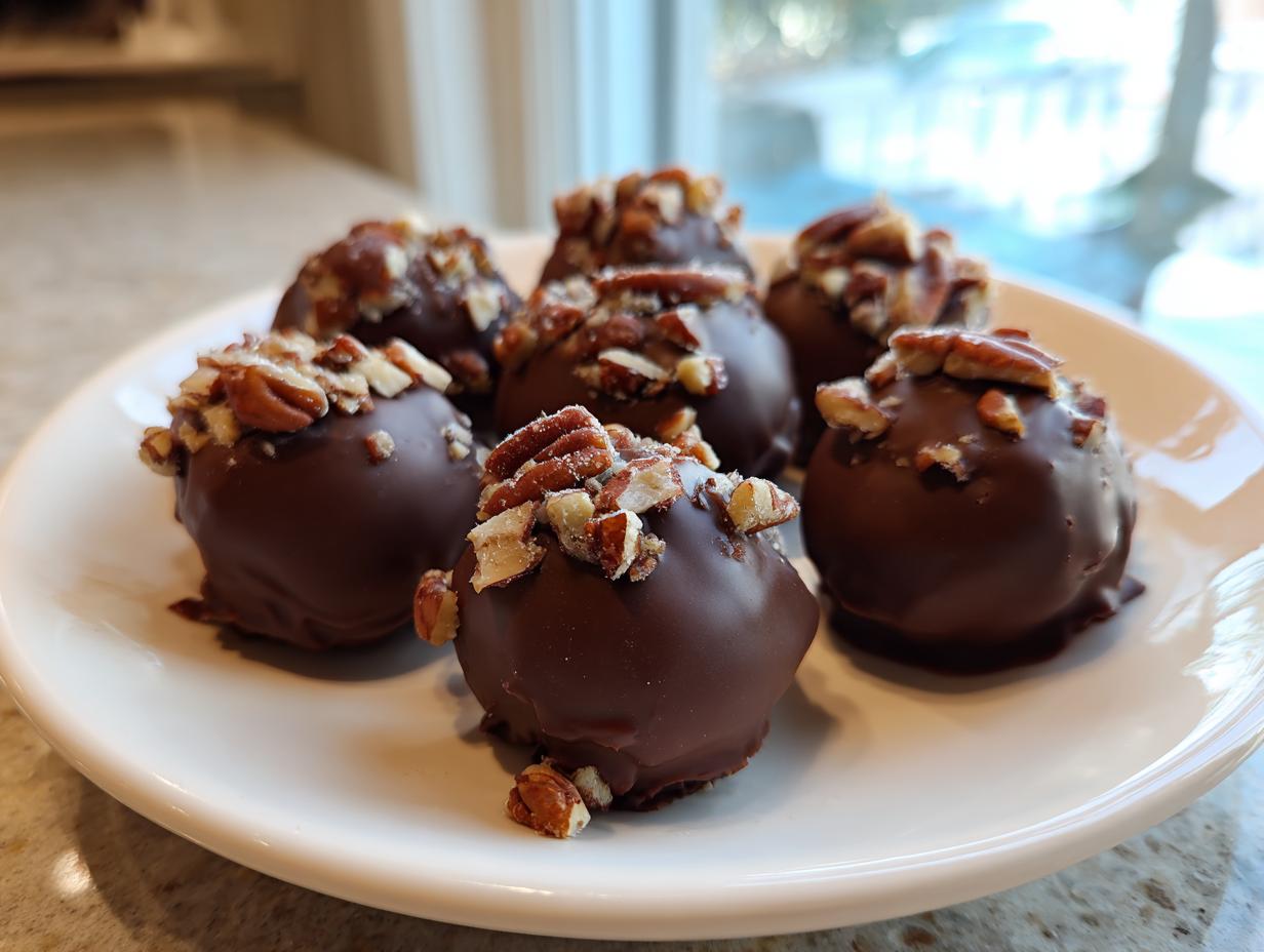 Close-up of several chocolate-covered pecan pie balls topped with chopped pecans, served on a white plate.