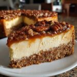 A decadent slice of pecan pie cheesecake showing a thick graham cracker crust, creamy filling, and pecan caramel topping.