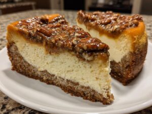 Two decadent slices of pecan pie cheesecake showing a thick graham cracker crust and a gooey pecan topping.