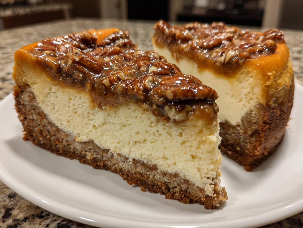 Two decadent slices of pecan pie cheesecake showing a thick graham cracker crust and a gooey pecan topping.