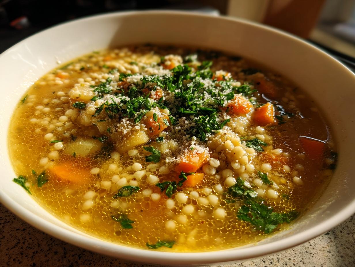 Close-up of a warm bowl of penicillin soup featuring small pasta, carrots, and topped with grated cheese and fresh parsley.