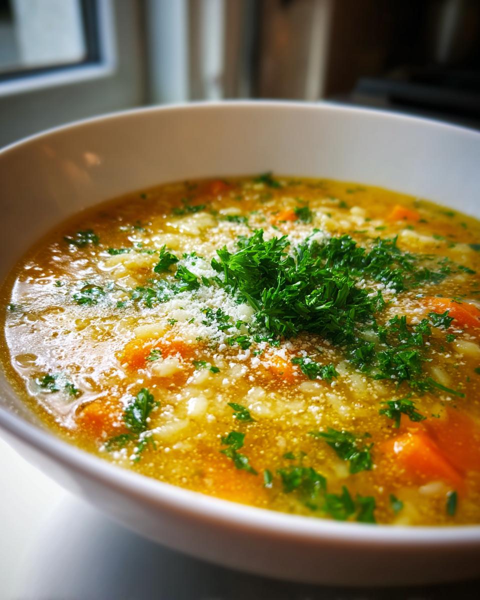 Close-up of a warm bowl of penicillin soup featuring carrots, rice, topped with grated cheese and fresh parsley.