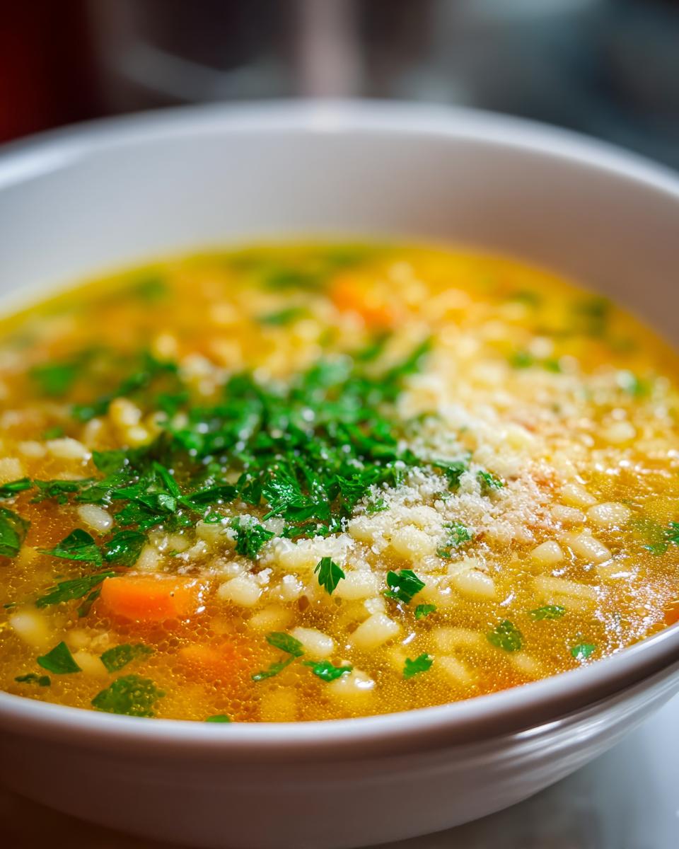 Close-up of a steaming bowl of golden penicillin soup filled with small pasta, carrots, topped with fresh parsley and grated cheese.