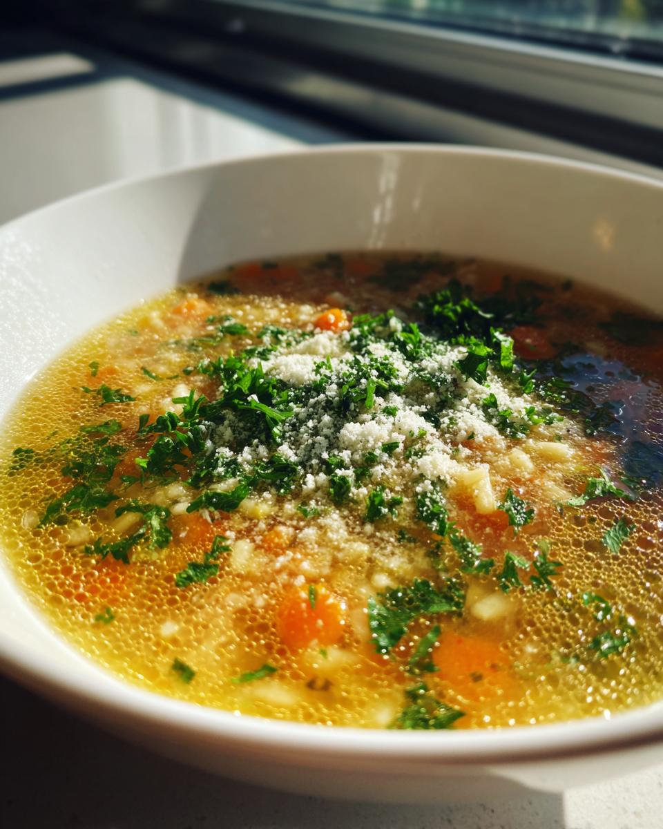 Close-up of a bowl of golden penicillin soup topped with fresh parsley and grated Parmesan cheese.