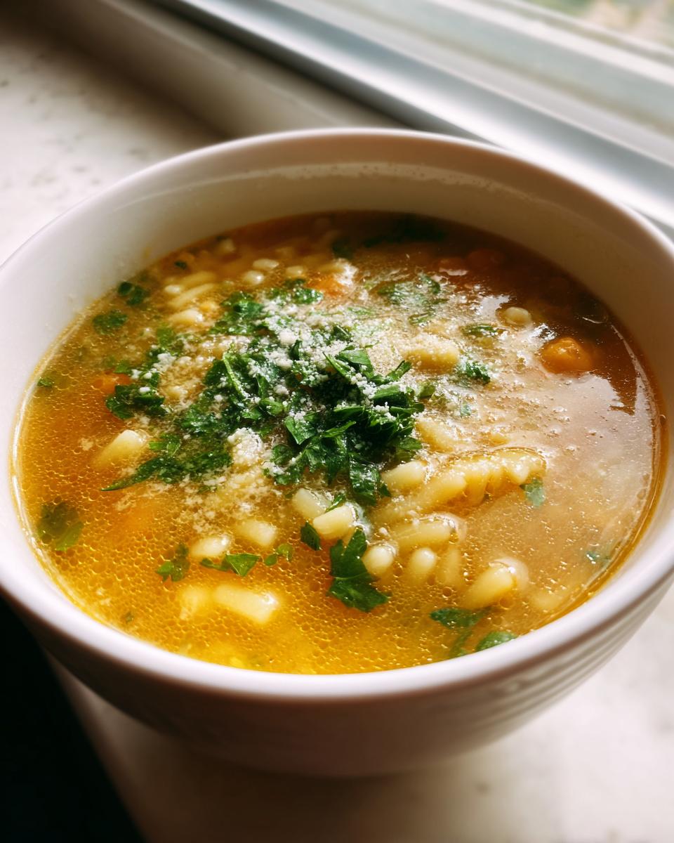 Close-up of a white bowl filled with golden penicillin soup, featuring small pasta shapes, topped with fresh parsley and grated cheese.