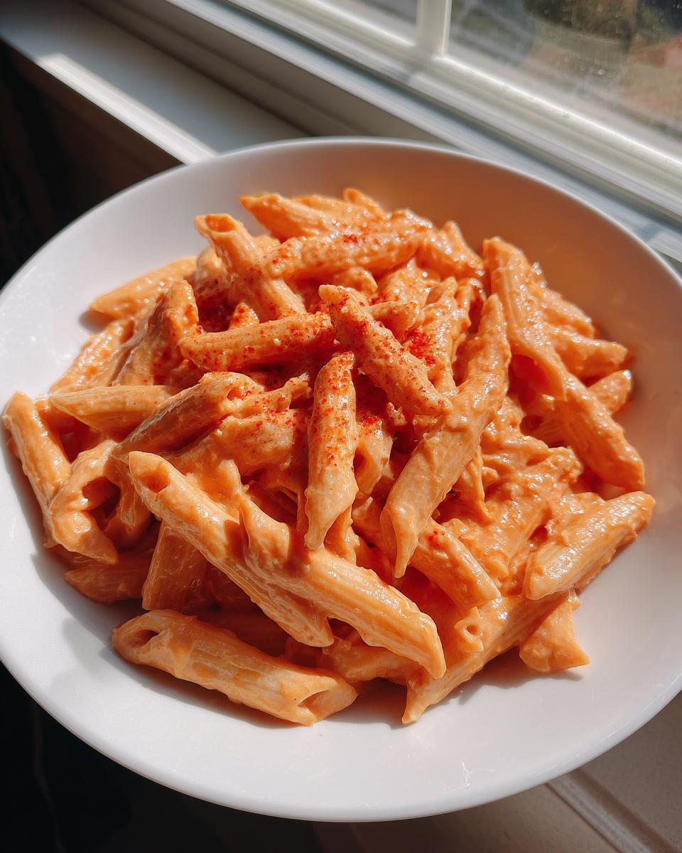 A close-up of penne pasta coated in creamy pink sauce pasta, sprinkled with red seasoning, served in a white bowl.