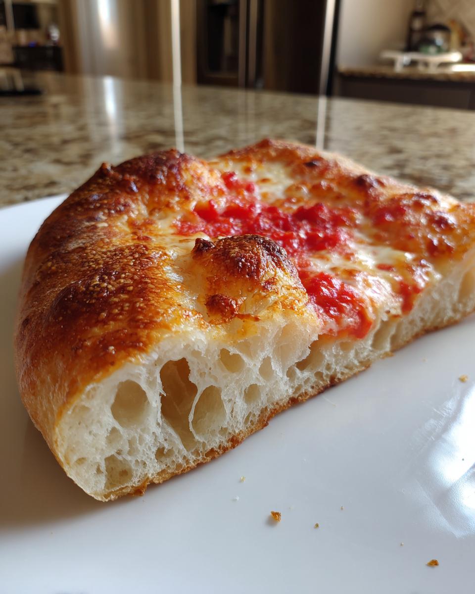 Close-up of a pizza slice showing a beautiful open crumb structure made from sourdough discard pizza dough.