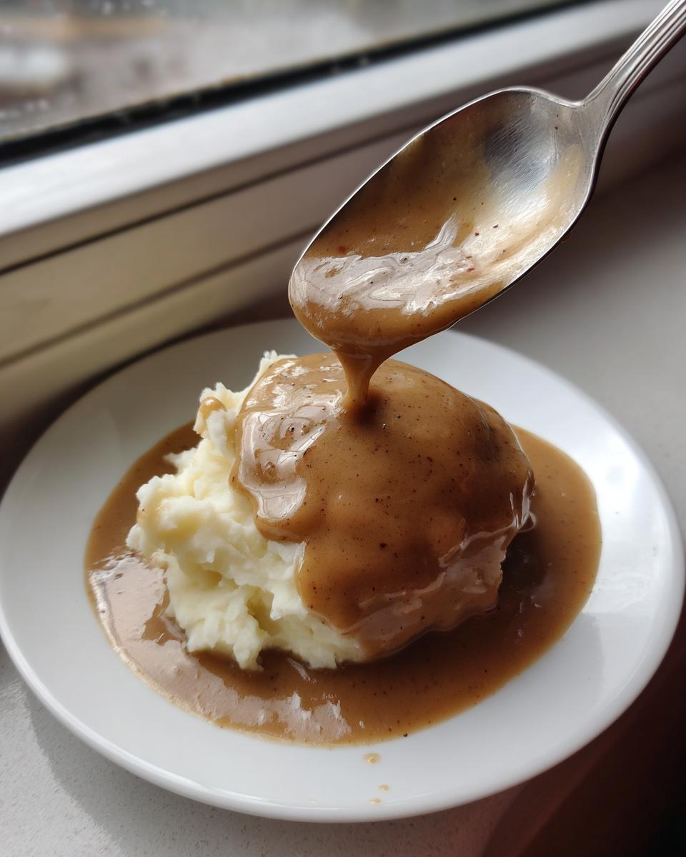A spoonful of rich brown chicken gravy is being poured over a mound of fluffy mashed potatoes on a white plate.