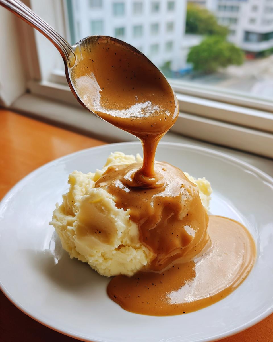 A spoonful of rich, brown chicken gravy is being poured over a mound of creamy mashed potatoes on a white plate.