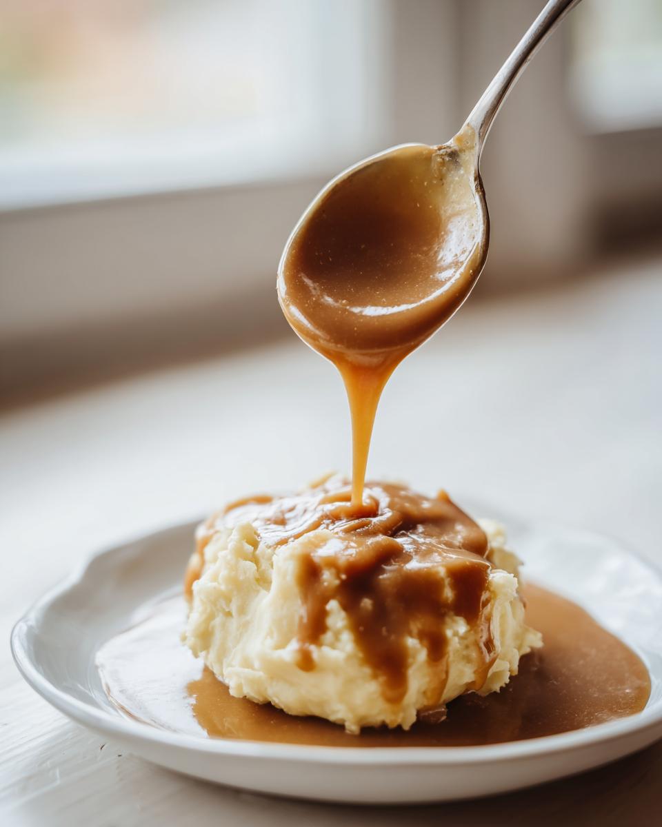 A spoonful of rich, brown chicken gravy being poured over a mound of mashed potatoes on a white plate.