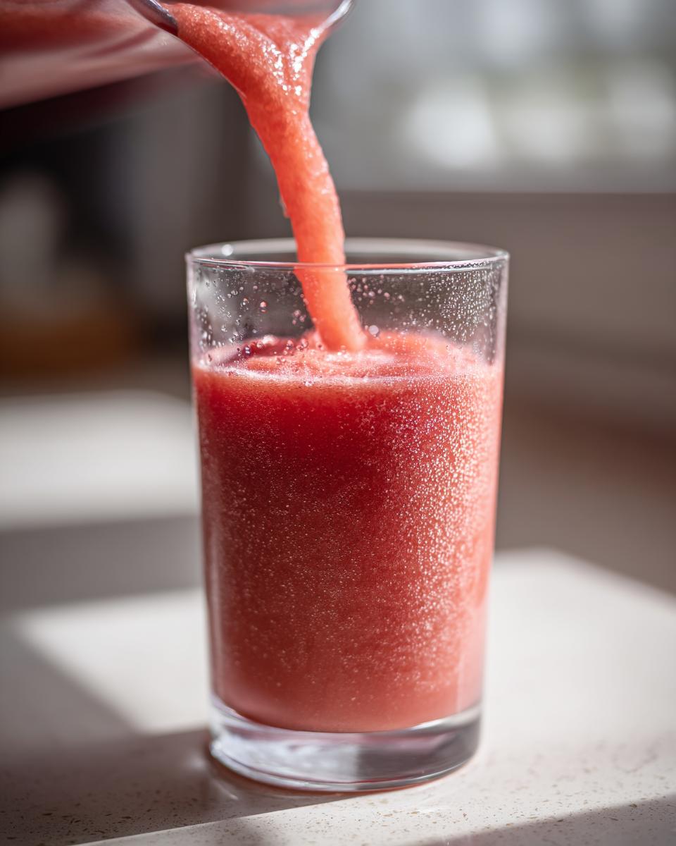 A bright red, thick watermelon smoothie being poured from a blender pitcher into a clear glass.