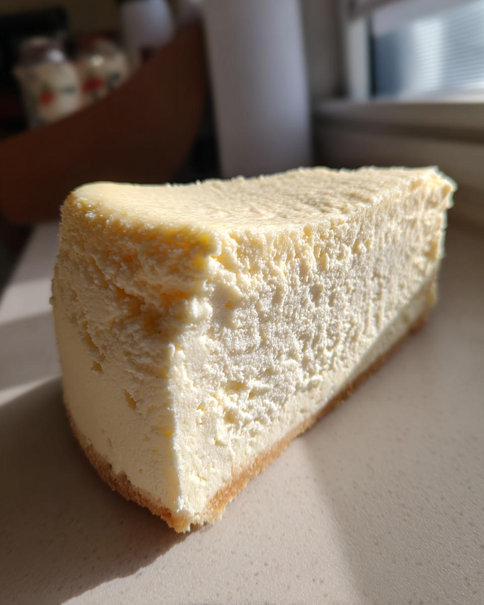 A thick, creamy slice of baked Protein Cheesecake with a graham cracker crust, lit by sunlight.