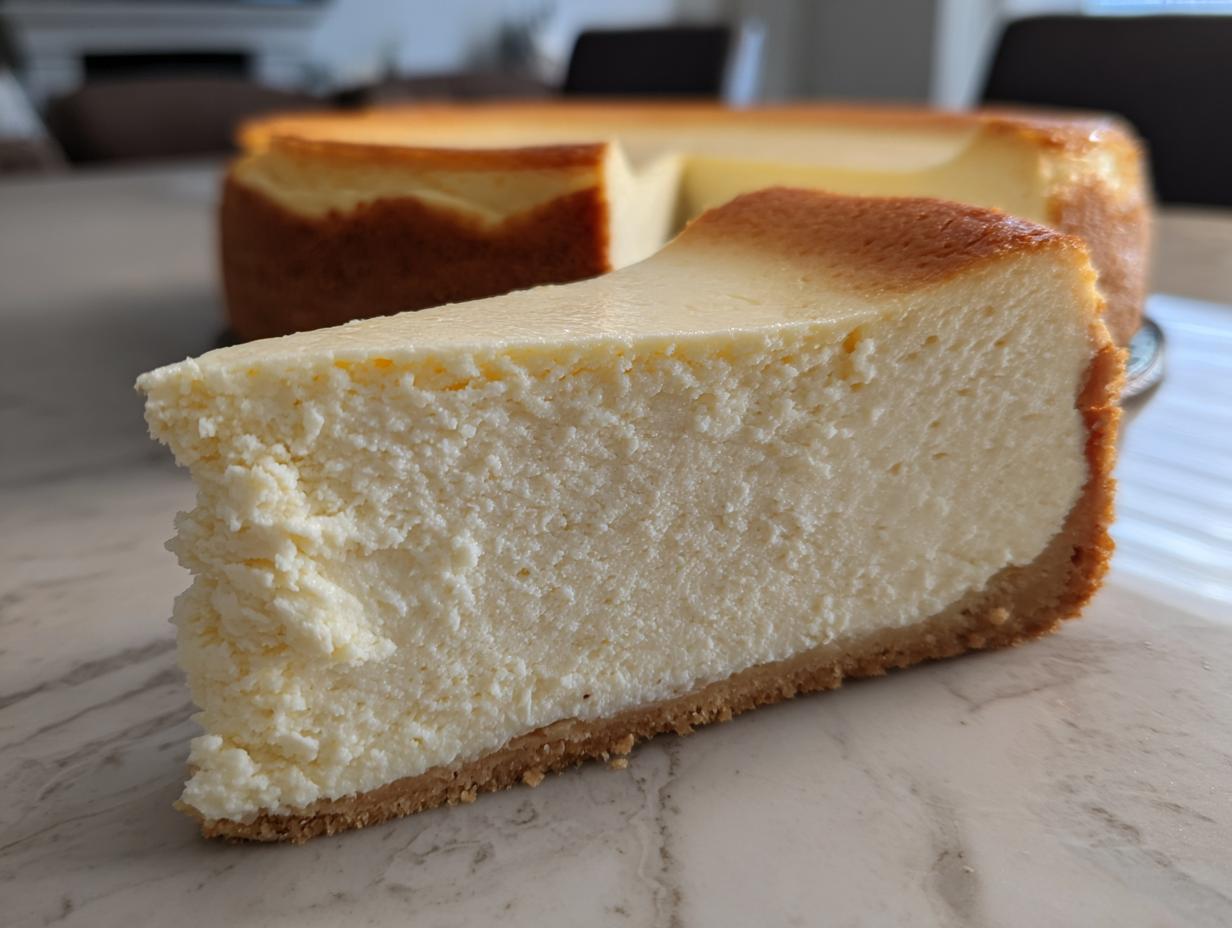 A thick, creamy slice of Protein Cheesecake with a golden brown top and graham cracker crust.
