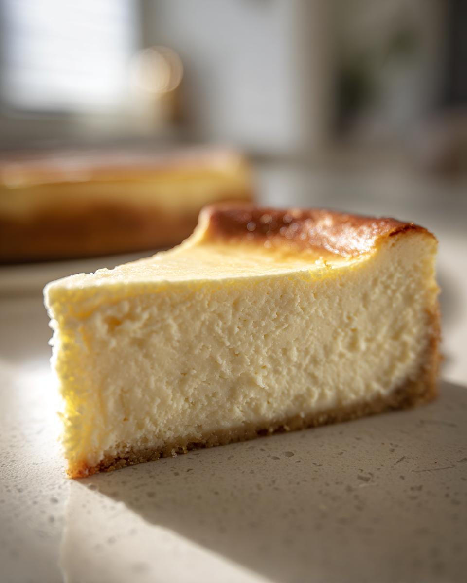 Close-up of a thick slice of creamy Protein Cheesecake with a golden-brown top and graham cracker crust.