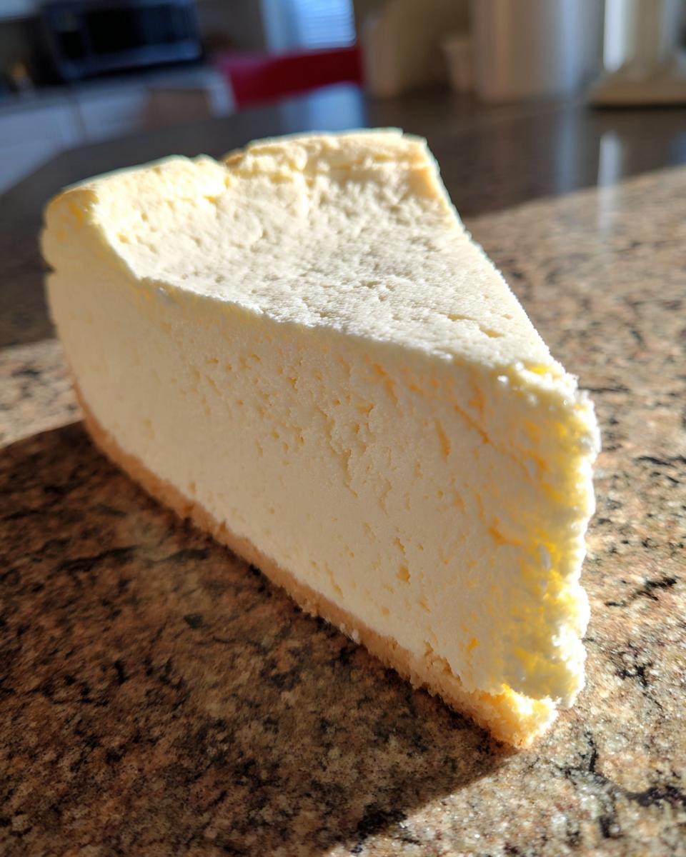 A thick, creamy slice of plain Protein Cheesecake sitting on a speckled brown granite countertop.