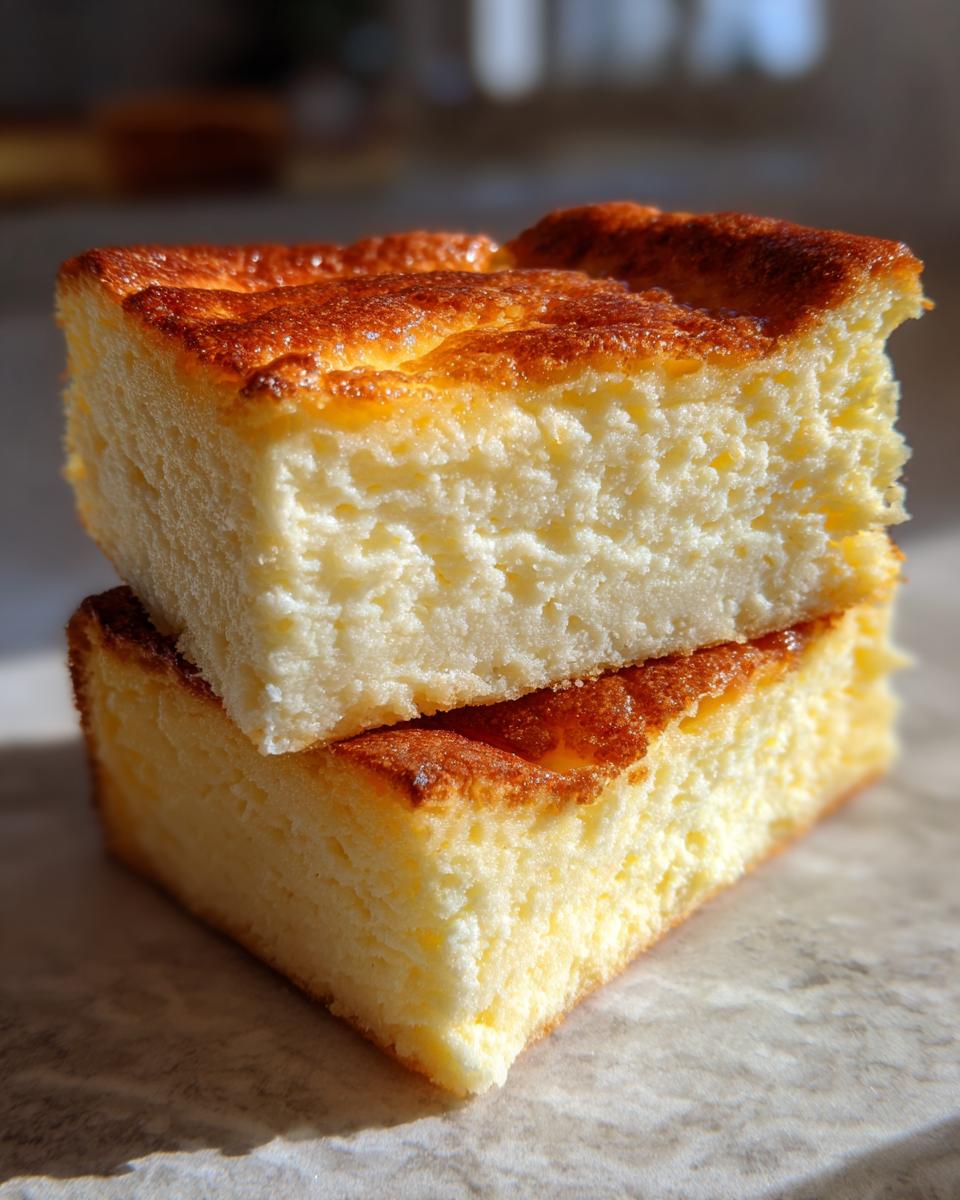 Two square slices of fluffy, baked Protein Cheesecake stacked on top of each other with a golden-brown top.
