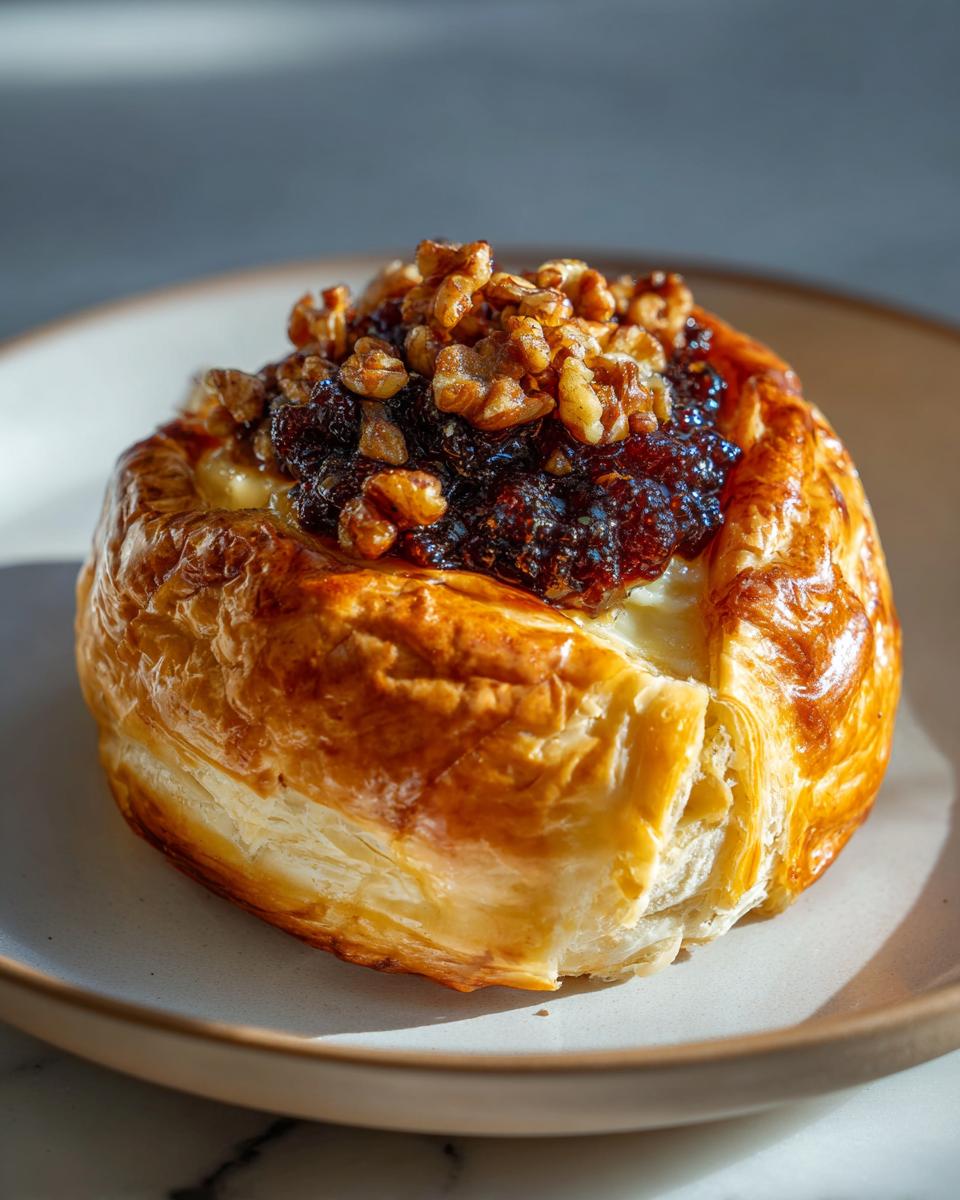 A golden puff pastry wrapped baked brie topped with dark jam and crunchy walnuts.