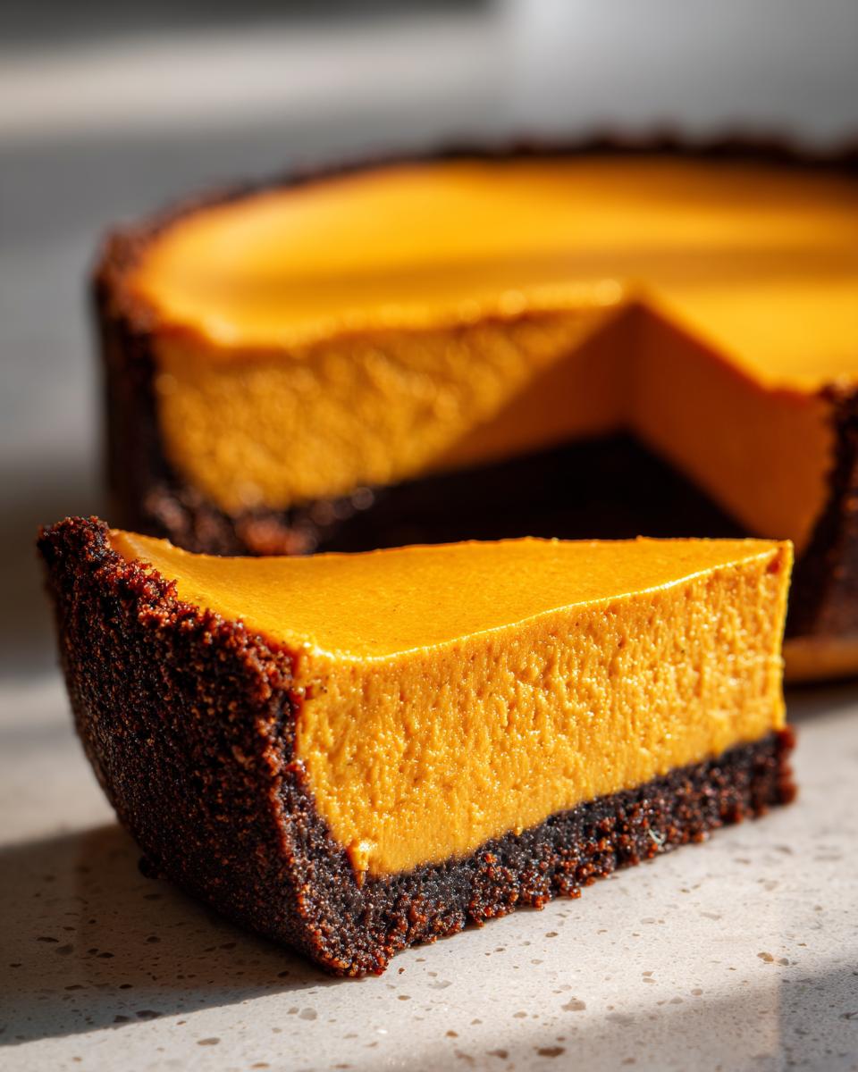 A thick slice of bright orange pumpkin cheesecake with a dark chocolate crust in the foreground.
