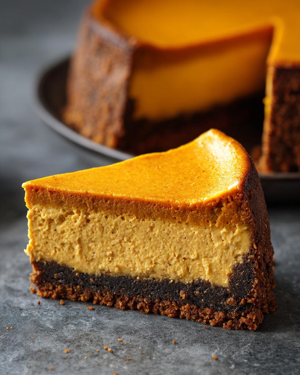 A close-up slice of rich pumpkin cheesecake showing the creamy orange filling and dark graham cracker crust.