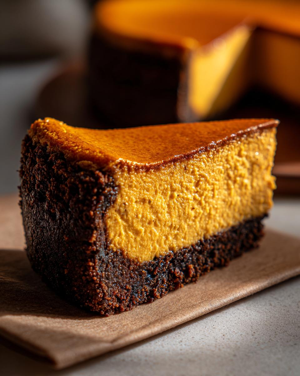 A close-up slice of rich, orange pumpkin cheesecake resting on brown paper, featuring a thick, dark chocolate crust.