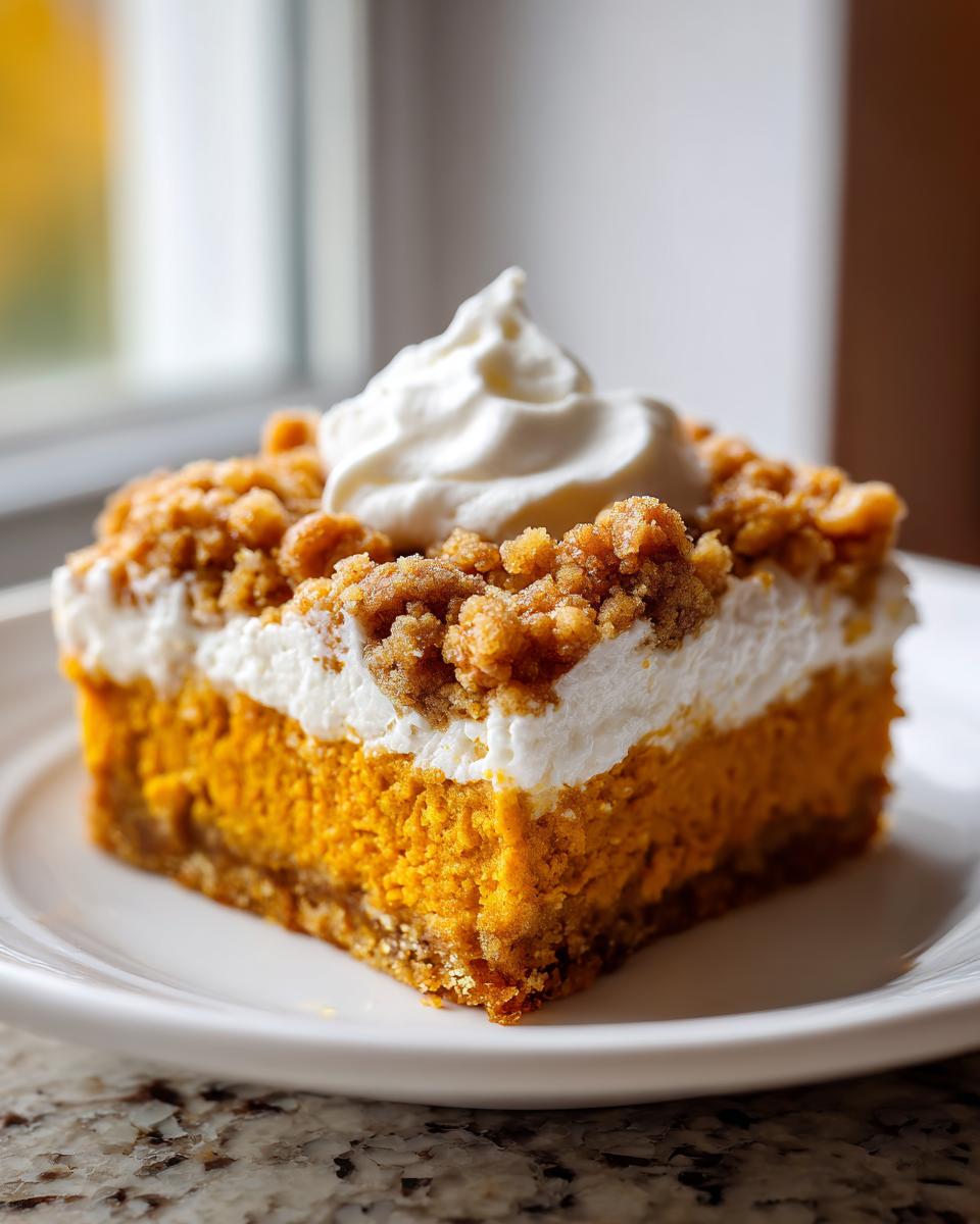 A square slice of rich pumpkin crunch dessert topped with whipped cream and streusel.