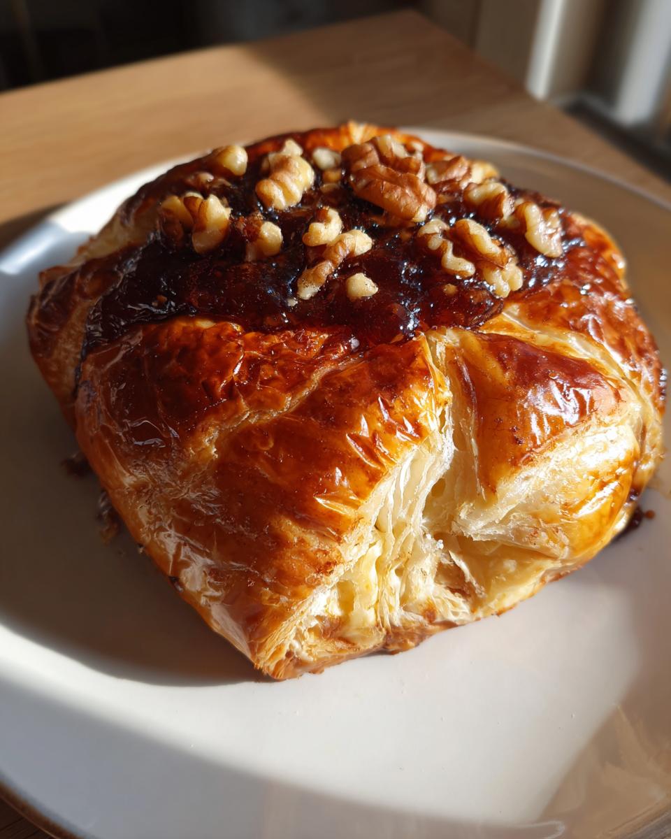 Close-up of a golden, flaky pastry wrapped around melted cheese, topped with jam and walnuts, resembling baked brie.