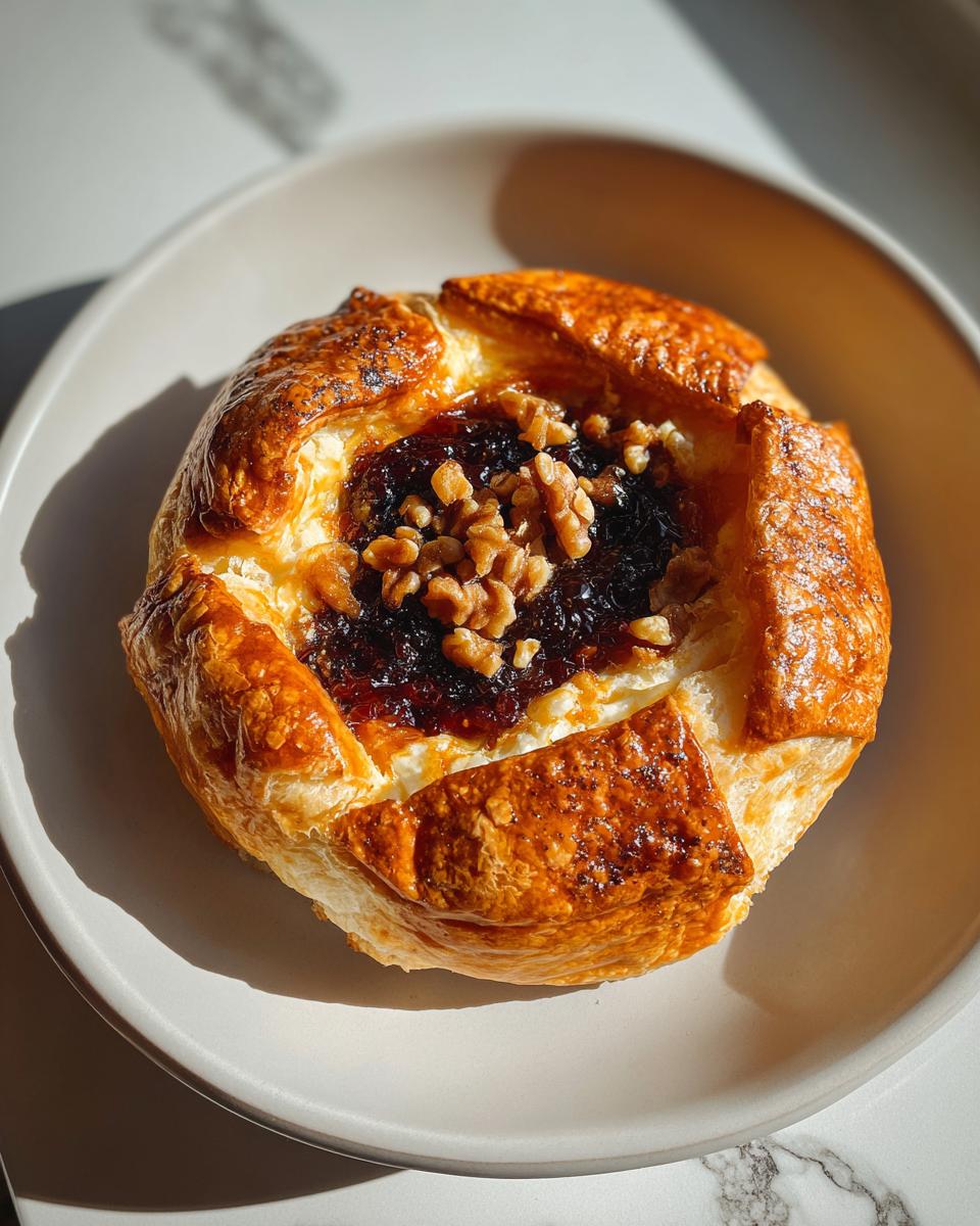 A golden puff pastry tart filled with melted cheese, dark jam, and topped with walnuts, resembling a quick baked brie appetizer.