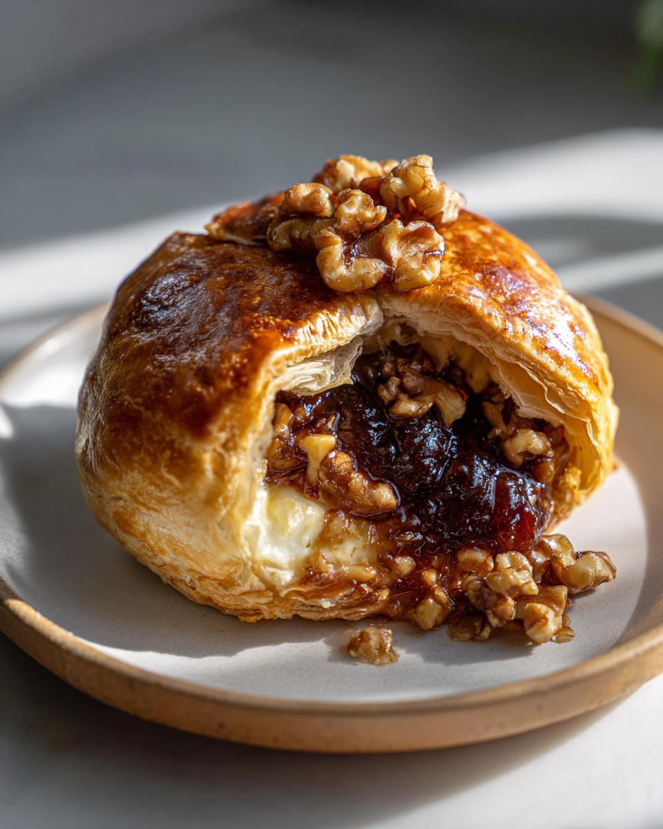 A golden, flaky pastry reveals melted cheese inside this baked brie, topped with walnuts and dark jam.