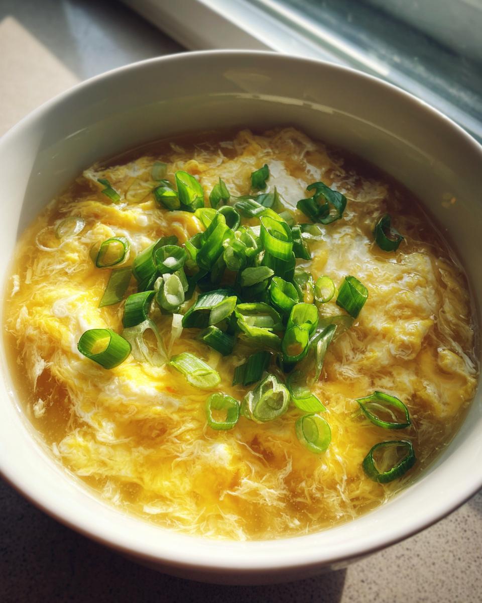 A close-up of a bowl of homemade egg drop soup, featuring wispy cooked egg ribbons topped with fresh chopped green onions.