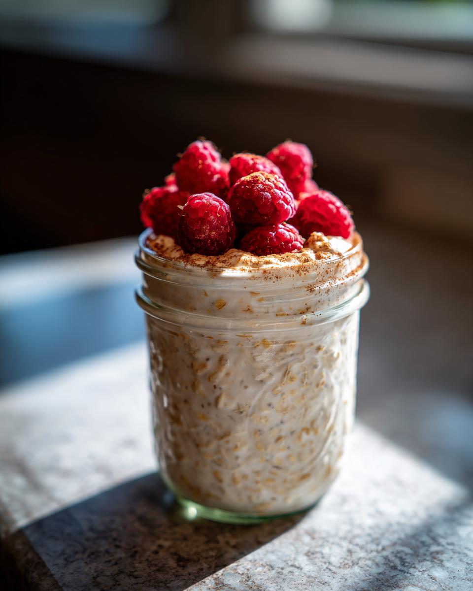 Close-up of creamy overnight oats topped with fresh raspberries and cinnamon in a glass jar.