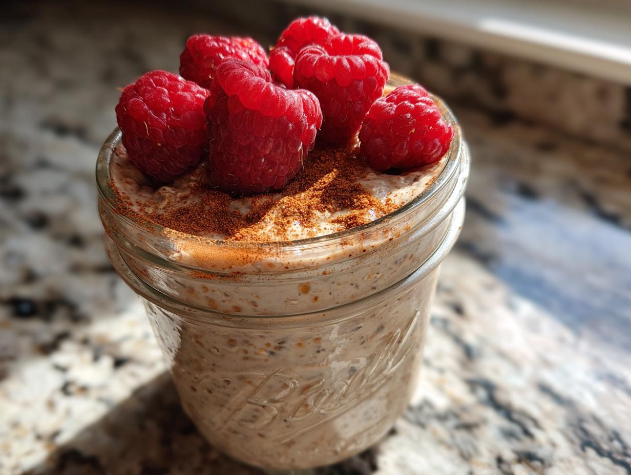 Close-up of creamy overnight oats in a glass jar, topped with fresh raspberries and cinnamon.