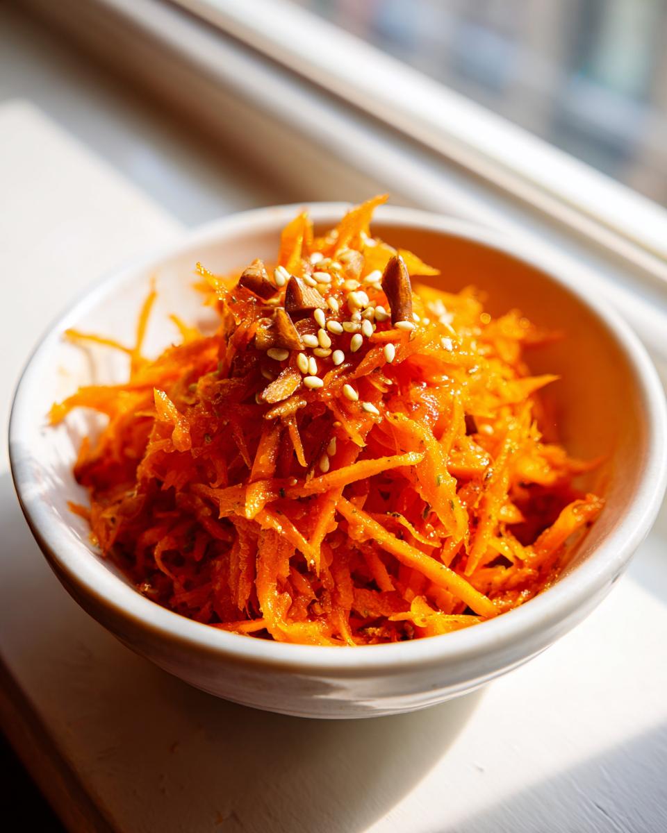 Close-up of a small white bowl filled with bright orange raw carrot salad, topped with sesame seeds and slivered nuts.