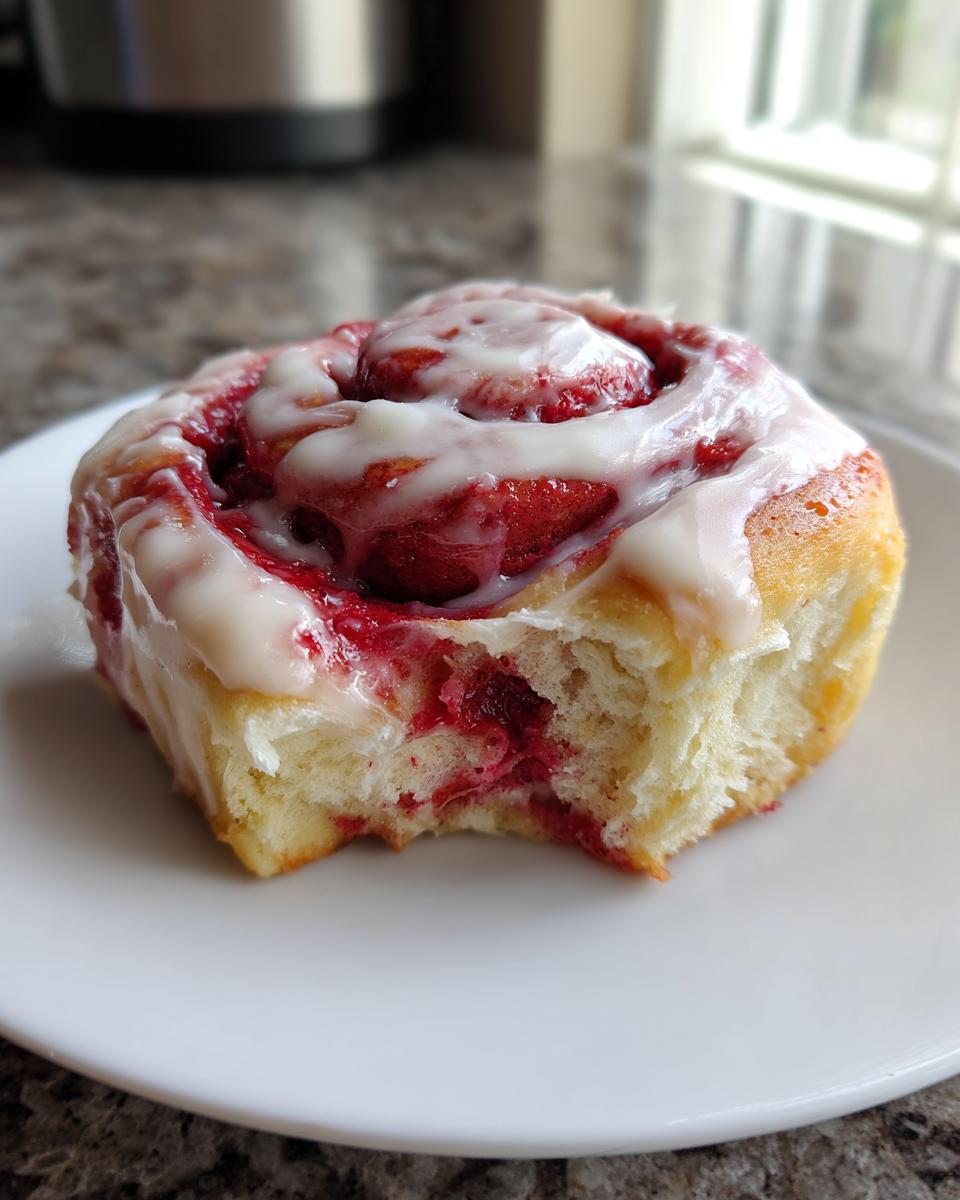 Close-up of a red velvet cinnamon rolls with a bite taken out, showing the soft interior and white glaze.