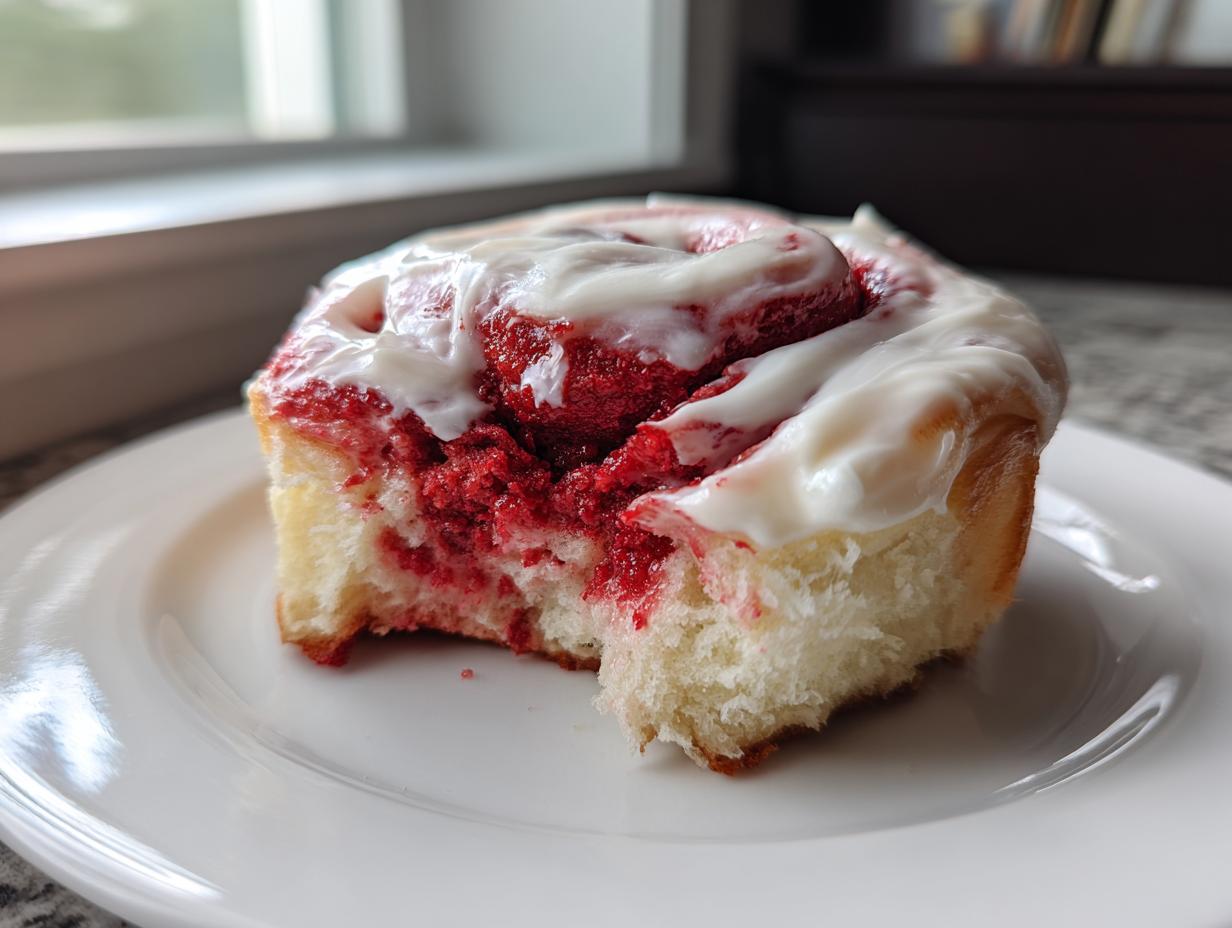 A close-up of a delicious red velvet cinnamon rolls slice, topped with thick white cream cheese icing.